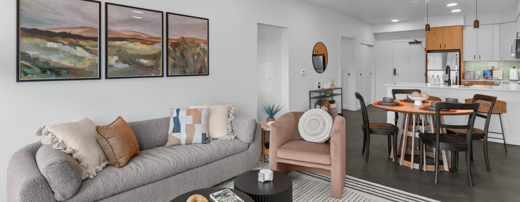 Living, dining and kitchen at Terava in Bend, OR