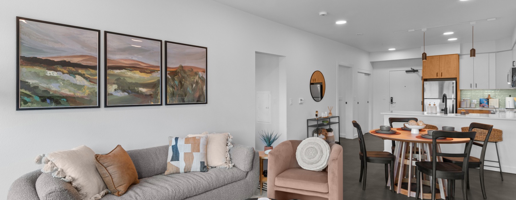 Living, dining and kitchen at Terava in Bend, OR
