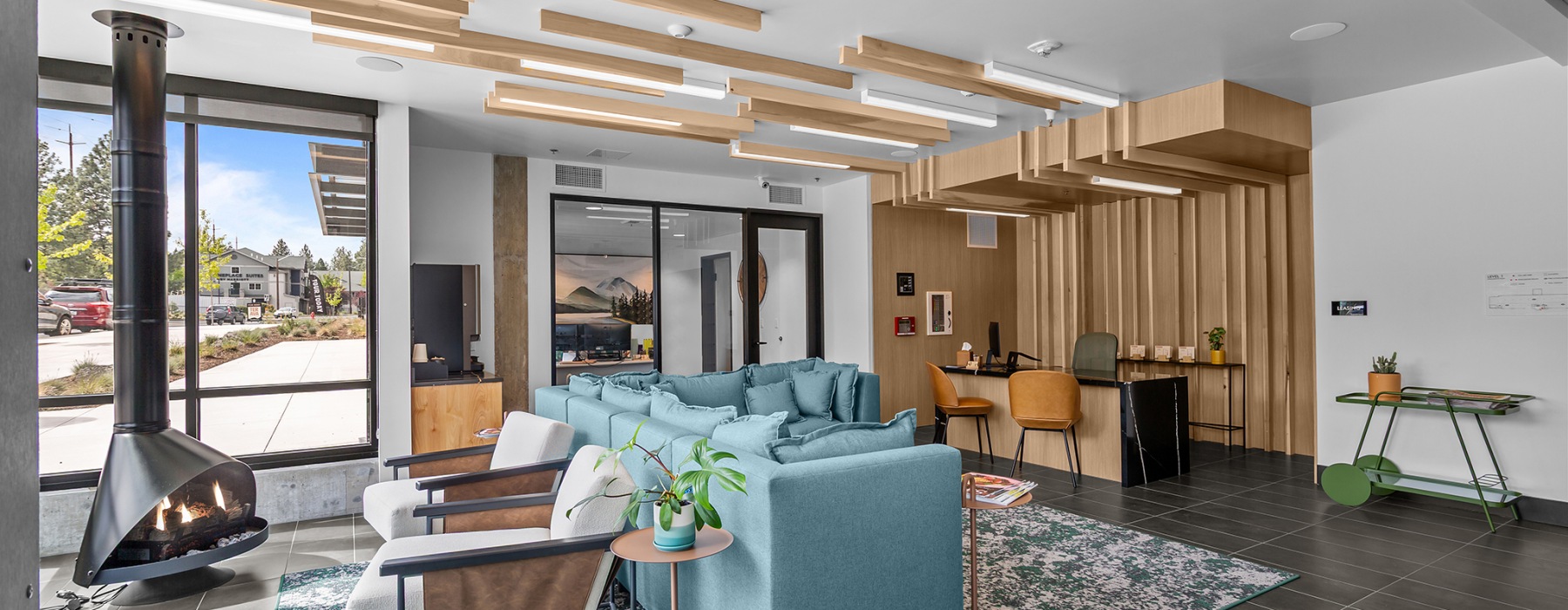 Lobby of Terava with fireplace that is on 