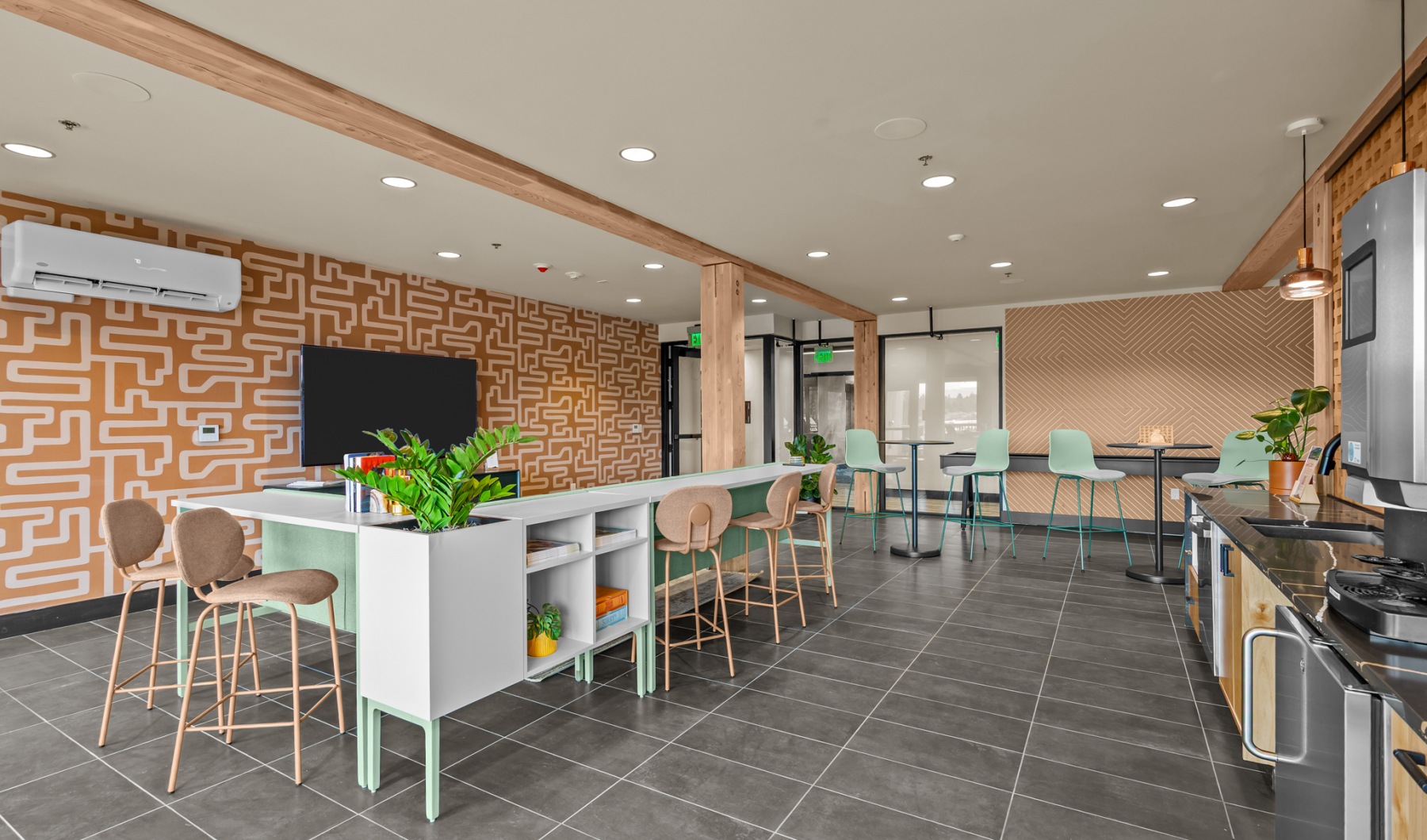 resident lounge with kitchenette at Terava in Bend, OR